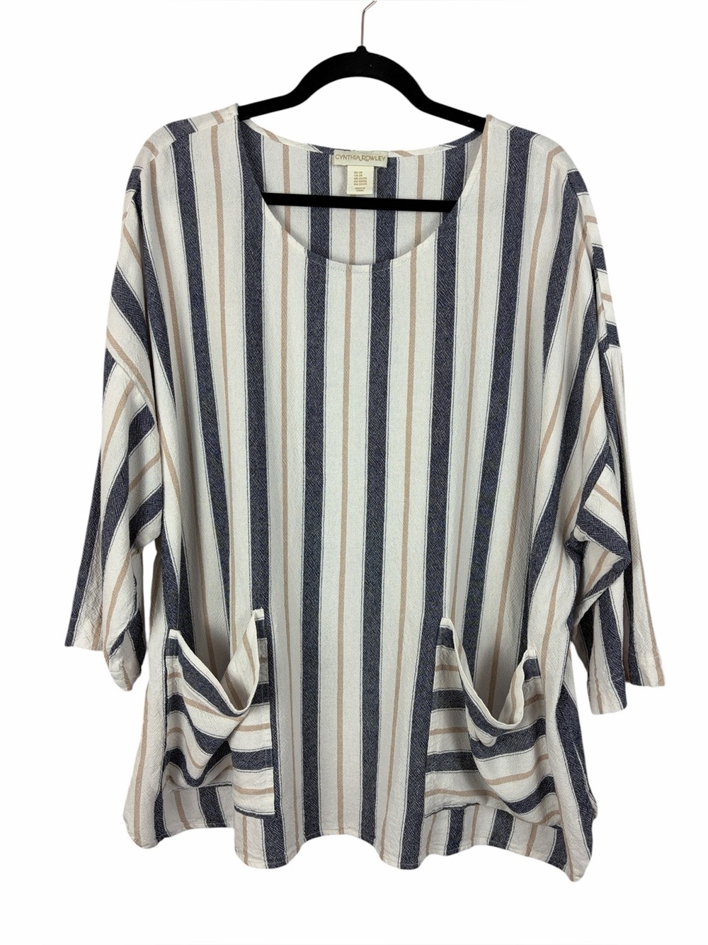 Cynthia Rowley Linen Blend Striped Tunic Top 2X Oversized Pocket Blouse